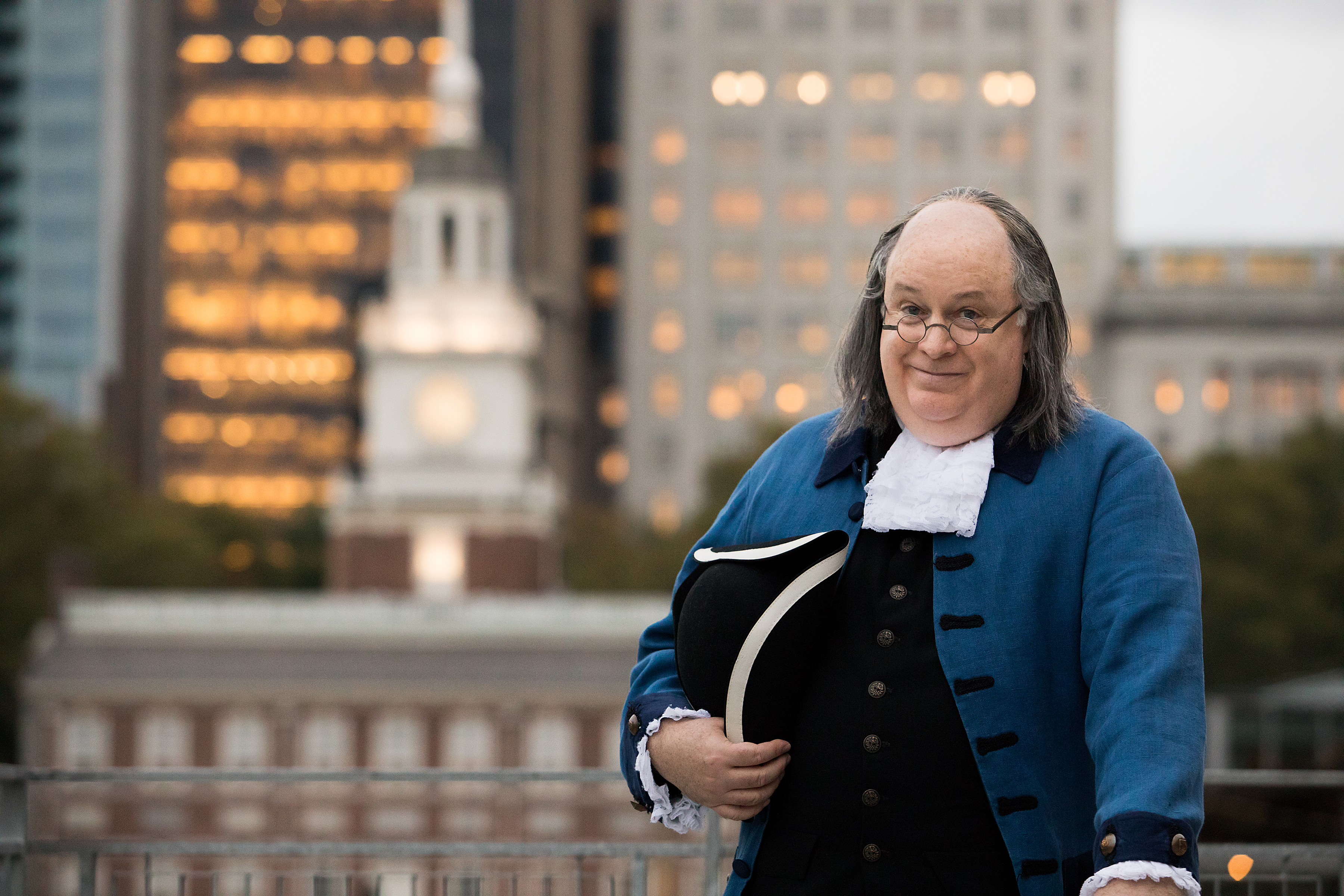 Ben Franklin impersonator in front of Independence Hall. 